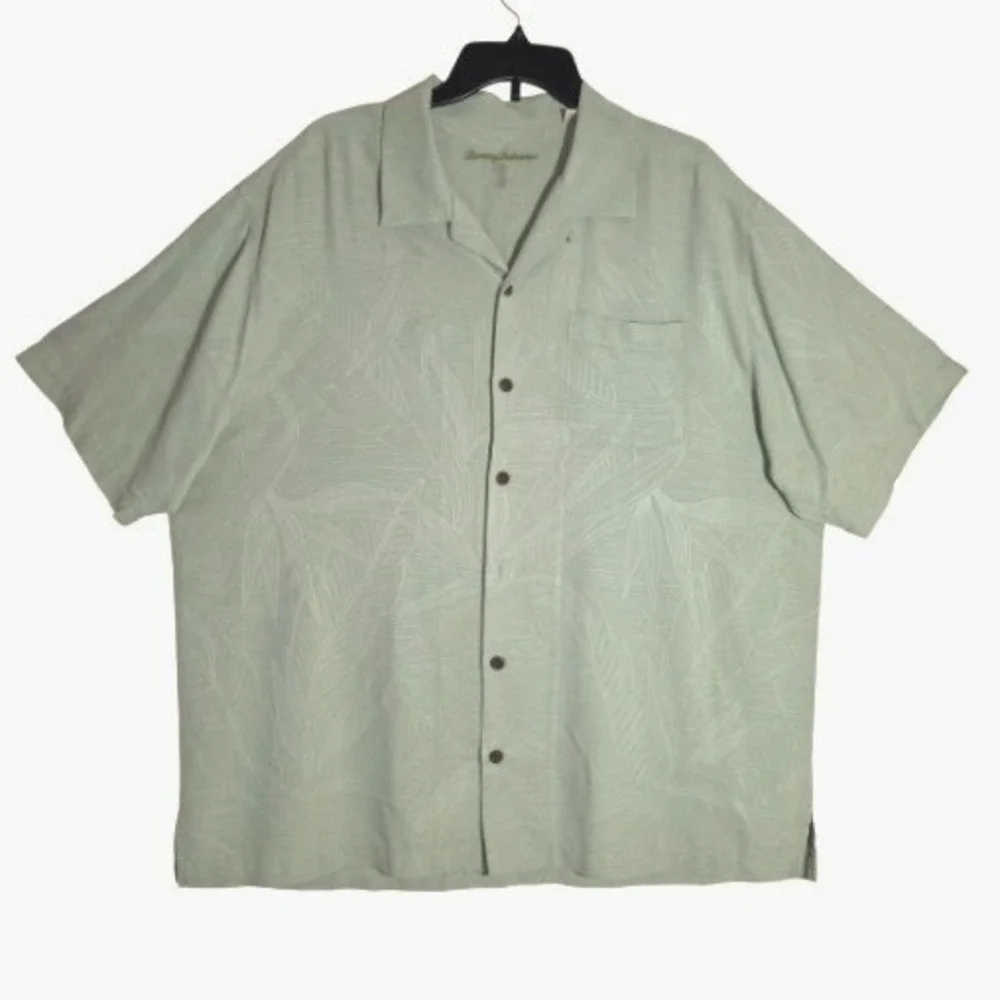 Tommy Bahama Silk Tropical Leaf Camp Shirt Mens Size XL Green Jacquard EUC